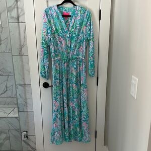 Lilly Pulitzer Aqua, Teal & Pink Floral Maxi Dress